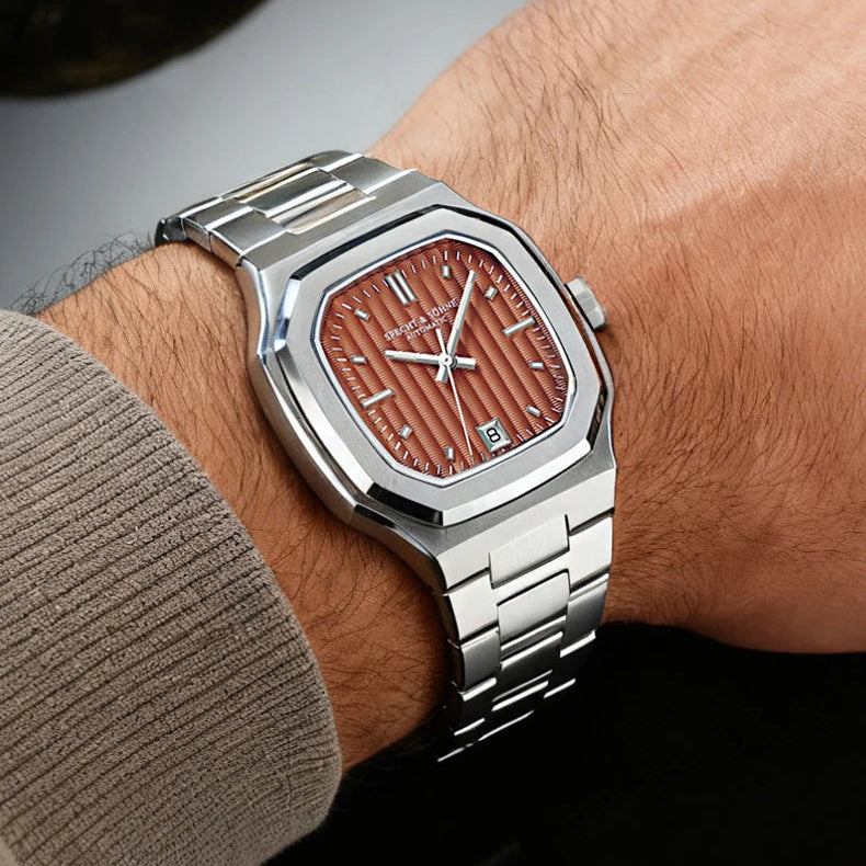 Silver watch with wooden face on a wrist, brand 'SPECHT&SÖHNE' 