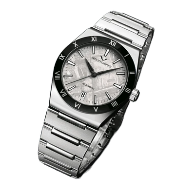 Luxury automatic watches with a silver band and textured light dial featuring Roman numerals